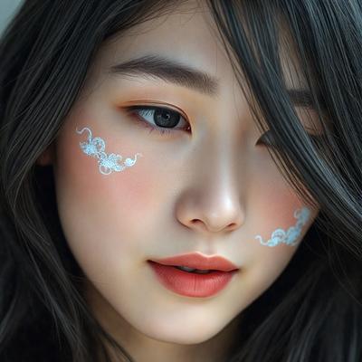 The primary subject of the image is a woman with white makeup on her face. She is looking at the camera with a smile. The setting is indoors, and the visual style appears to be a photo. The woman's makeup is the main focus of the image, and the overall atmosphere is bright and cheerful.